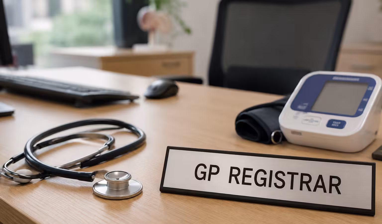 A GP registrar nameplate on a consulting room desk, beside a stethoscope and a blood pressure monitor.
